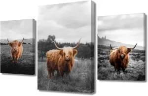 TUMOVO 3 Panels Canvas Wall Art Brown Yak Black Plateau Lake Grassland Pictures Wall Decor Used for Bedroom Living Room Office Home Decor Modern Wall Decor Framed Ready to Hang 40”Wx24”H