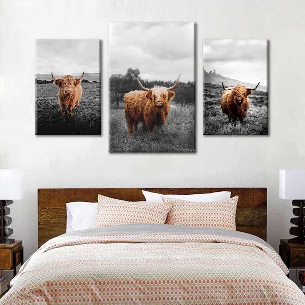 TUMOVO 3 Panels Canvas Wall Art Brown Yak Black Plateau Lake Grassland Pictures Wall Decor Used for Bedroom Living Room Office Home Decor Modern Wall Decor Framed Ready to Hang 40”Wx24”H