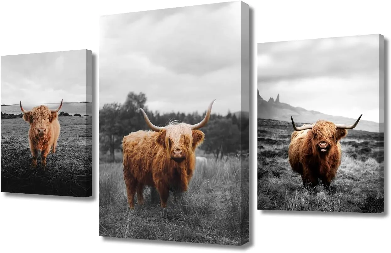 TUMOVO 3 Panels Canvas Wall Art Brown Yak Black Plateau Lake Grassland Pictures Wall Decor Used for Bedroom Living Room Office Home Decor Modern Wall Decor Framed Ready to Hang 40”Wx24”H