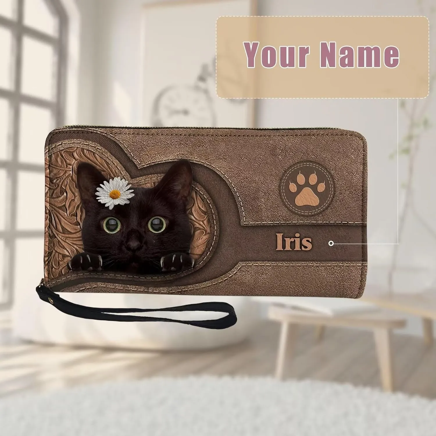 Tuoxiukan Customized Name Wallets for Women PU Leather Wristlet Wallets Zip Around Phone Case Long Wallet Purse Personalized Christmas Gifts for Mom Girlfriend, Black Cat Design