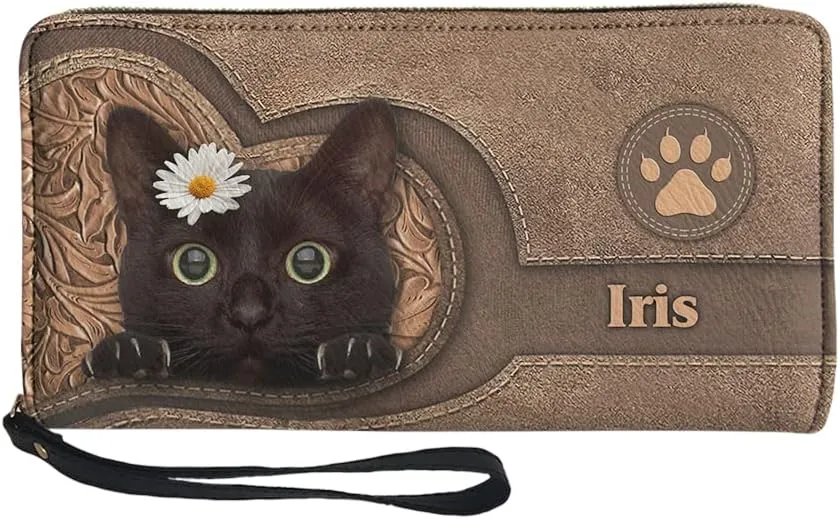 Tuoxiukan Customized Name Wallets for Women PU Leather Wristlet Wallets Zip Around Phone Case Long Wallet Purse Personalized Christmas Gifts for Mom Girlfriend, Black Cat Design