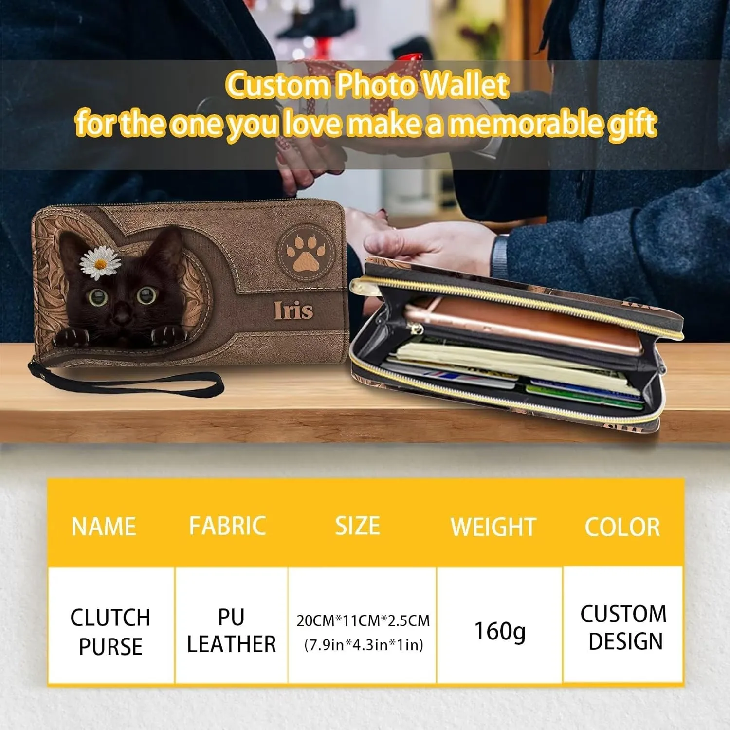 Tuoxiukan Customized Name Wallets for Women PU Leather Wristlet Wallets Zip Around Phone Case Long Wallet Purse Personalized Christmas Gifts for Mom Girlfriend, Black Cat Design