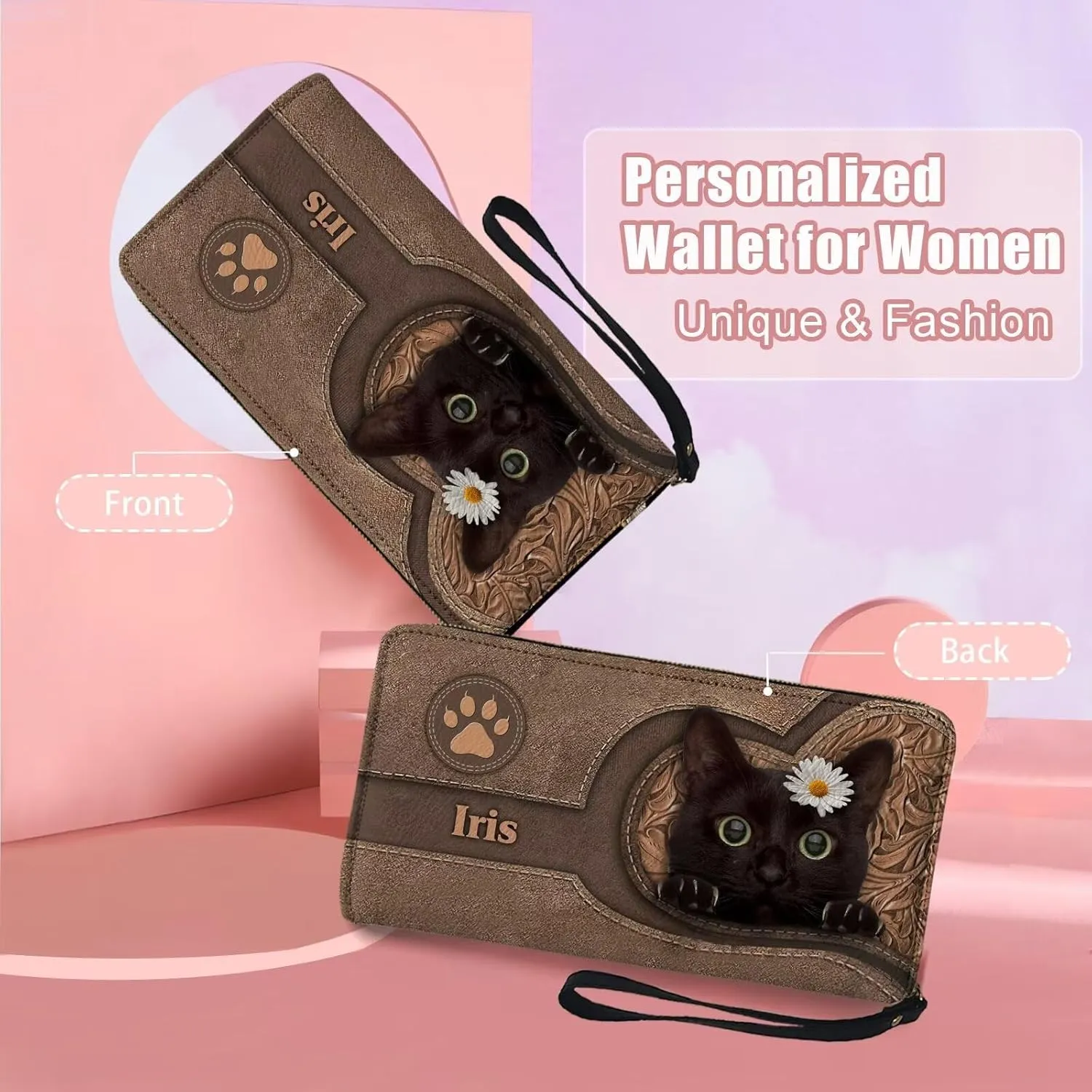 Tuoxiukan Customized Name Wallets for Women PU Leather Wristlet Wallets Zip Around Phone Case Long Wallet Purse Personalized Christmas Gifts for Mom Girlfriend, Black Cat Design