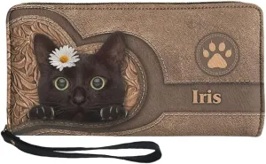 Tuoxiukan Customized Name Wallets for Women PU Leather Wristlet Wallets Zip Around Phone Case Long Wallet Purse Personalized Christmas Gifts for Mom Girlfriend, Black Cat Design
