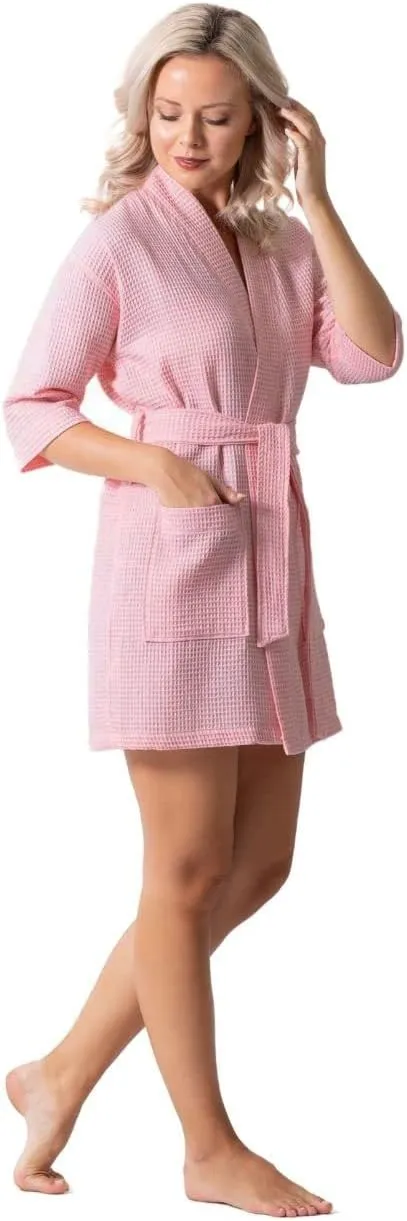 Turkish Linen Lightweight Waffle Knit Bath, Spa & Bridesmaids Kimono Short Robes for Women - Quick Dry & Soft