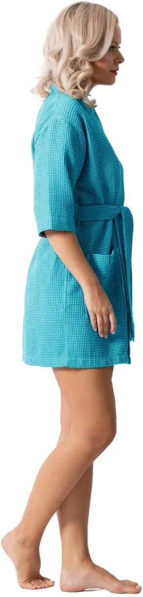 Turkish Linen Lightweight Waffle Knit Bath, Spa & Bridesmaids Kimono Short Robes for Women - Quick Dry & Soft