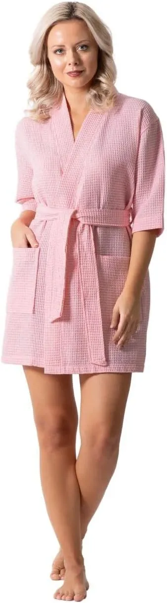 Turkish Linen Lightweight Waffle Knit Bath, Spa & Bridesmaids Kimono Short Robes for Women - Quick Dry & Soft