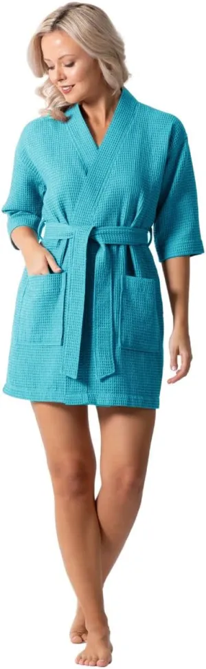 Turkish Linen Lightweight Waffle Knit Bath, Spa & Bridesmaids Kimono Short Robes for Women - Quick Dry & Soft