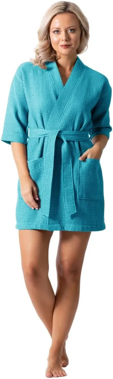 Turkish Linen Lightweight Waffle Knit Bath, Spa & Bridesmaids Kimono Short Robes for Women - Quick Dry & Soft