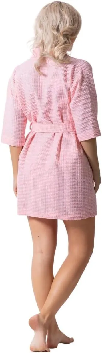 Turkish Linen Lightweight Waffle Knit Bath, Spa & Bridesmaids Kimono Short Robes for Women - Quick Dry & Soft