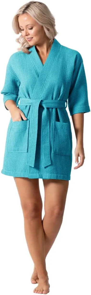 Turkish Linen Lightweight Waffle Knit Bath, Spa & Bridesmaids Kimono Short Robes for Women - Quick Dry & Soft
