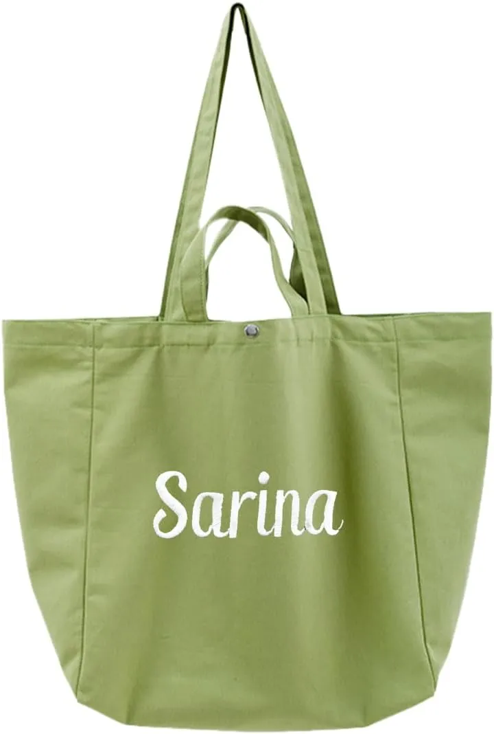 Ulico Personalized Canvas Tote Bag With Embroidered Name,Custom Large Capacity Shoulder Bag, Women Girl Shopping Travel Bag