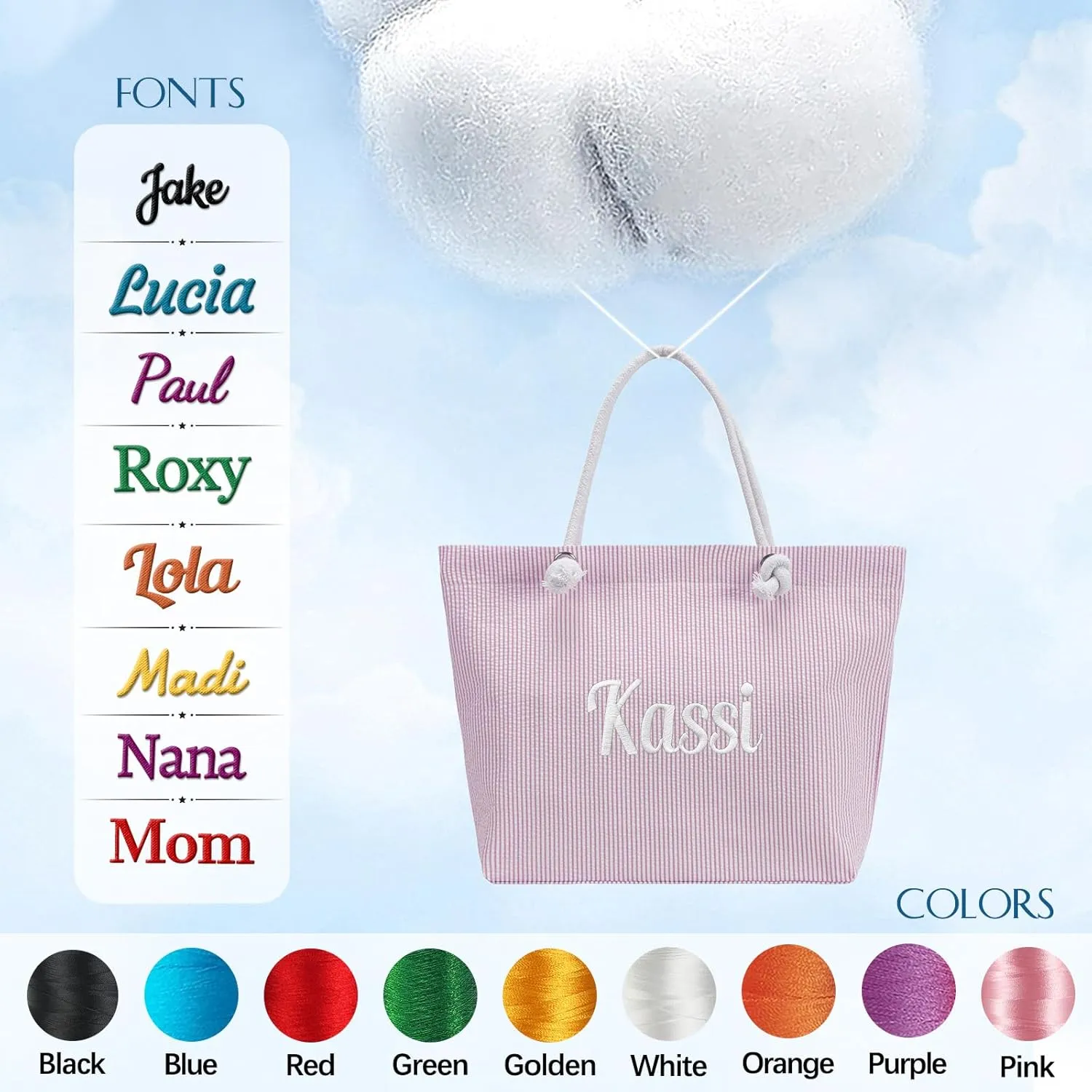 Ulico Personalzied Seersucker Beach Tote Bag,Cute Custom Embroidered Name Reusable Grocery Shoulder Bag for Women