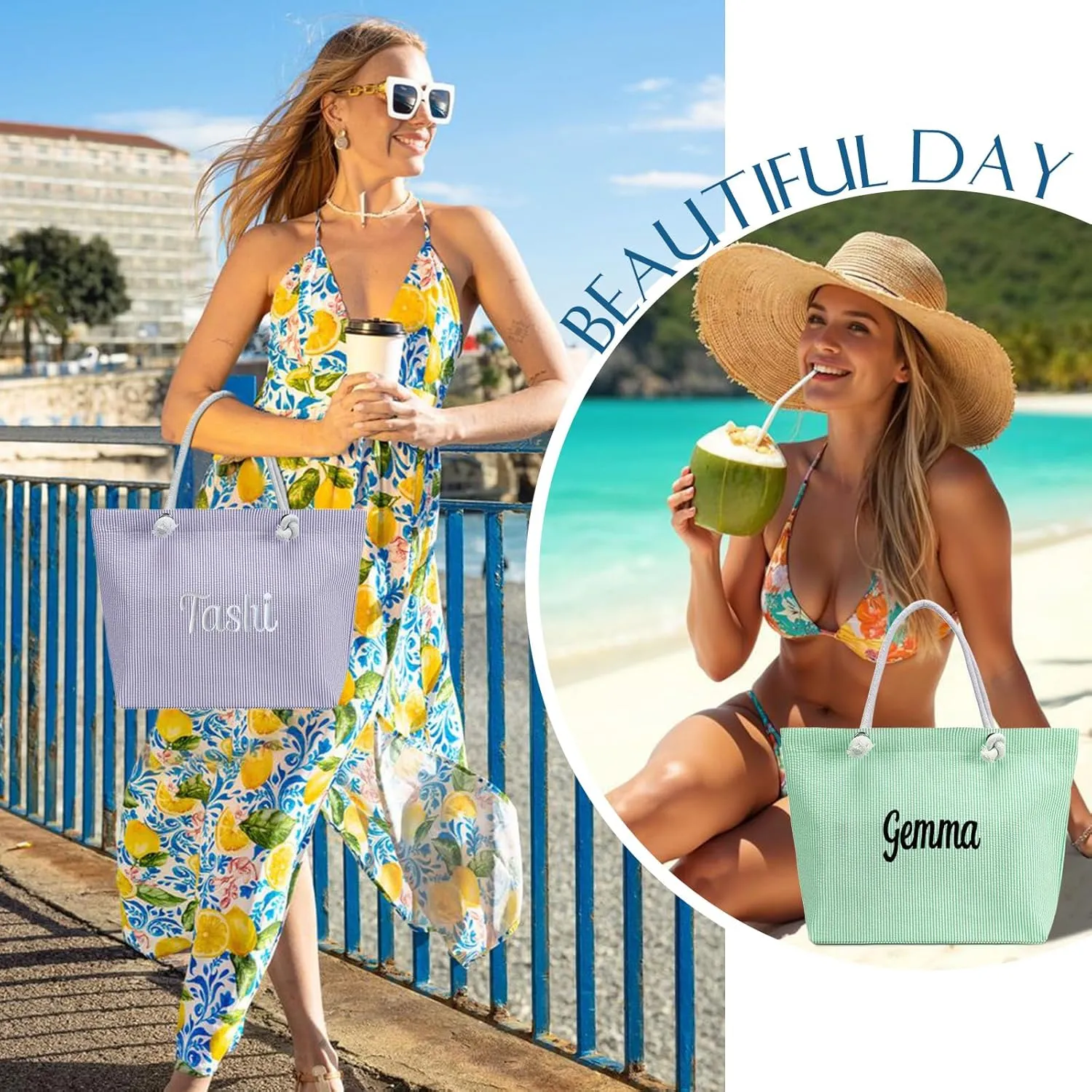 Ulico Personalzied Seersucker Beach Tote Bag,Cute Custom Embroidered Name Reusable Grocery Shoulder Bag for Women