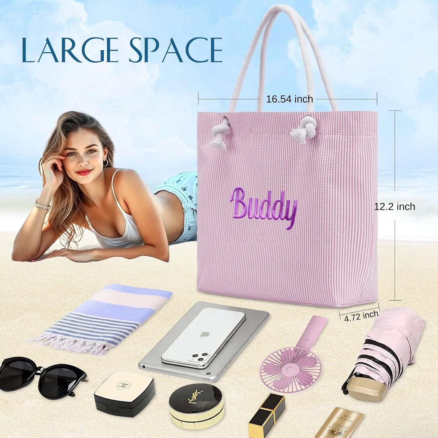 Ulico Personalzied Seersucker Beach Tote Bag,Cute Custom Embroidered Name Reusable Grocery Shoulder Bag for Women