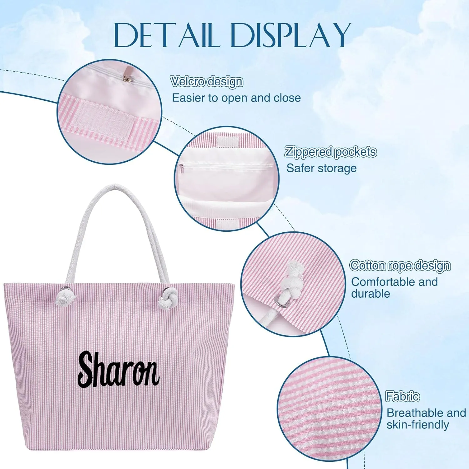 Ulico Personalzied Seersucker Beach Tote Bag,Cute Custom Embroidered Name Reusable Grocery Shoulder Bag for Women