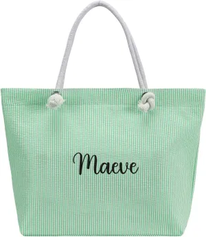 Ulico Personalzied Seersucker Beach Tote Bag,Cute Custom Embroidered Name Reusable Grocery Shoulder Bag for Women