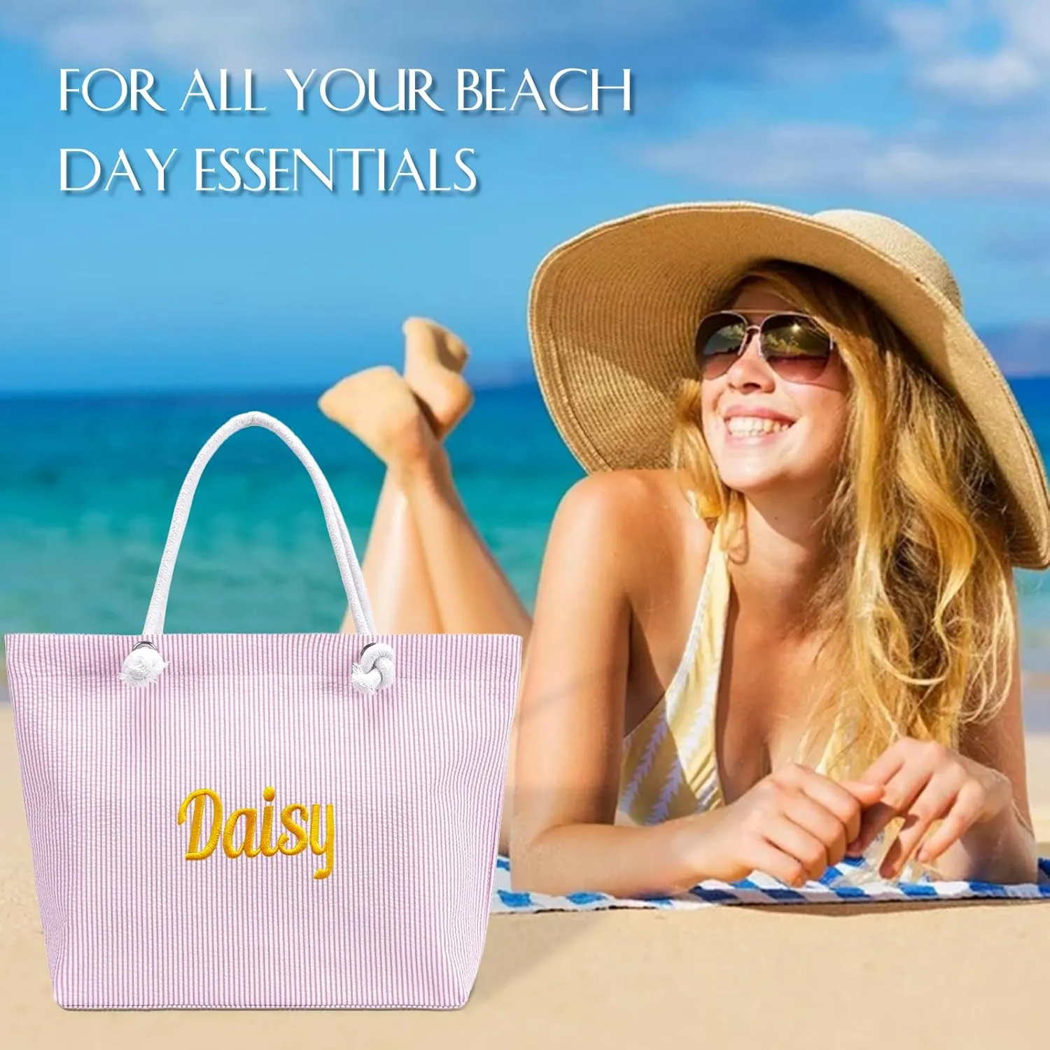 Ulico Personalzied Seersucker Beach Tote Bag,Cute Custom Embroidered Name Reusable Grocery Shoulder Bag for Women