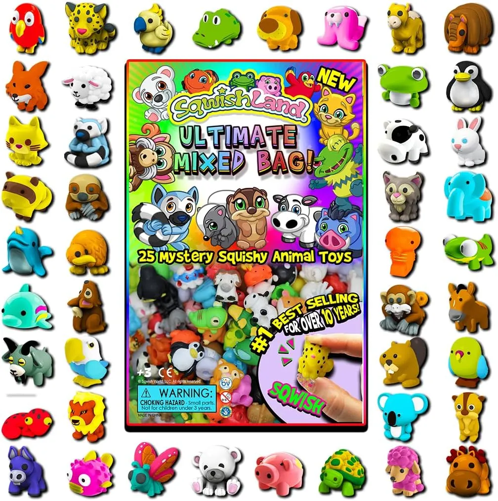 Ultimate Mixed Bag 25ct – Collectable Mini Squishy Toys with 25 Mystery Animal Squishies Capsules, Desk Toys & Toppers for Pencil Erasers, Ideal Fidget Party Favors for Kids & Student Gifts