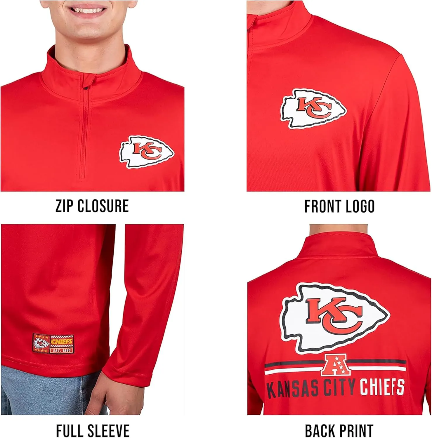 Ultra Game Adults NFL Official Super Soft Quarter Zip Long Sleeve T-Shirt