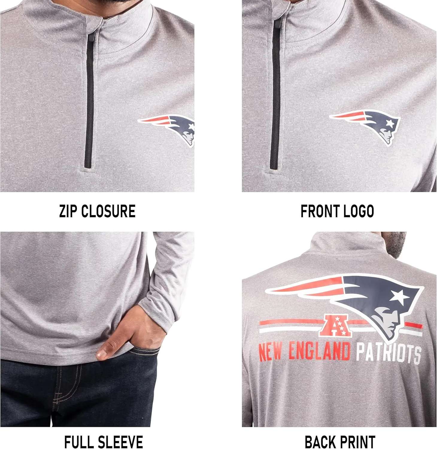 Ultra Game Adults NFL Official Super Soft Quarter Zip Long Sleeve T-Shirt