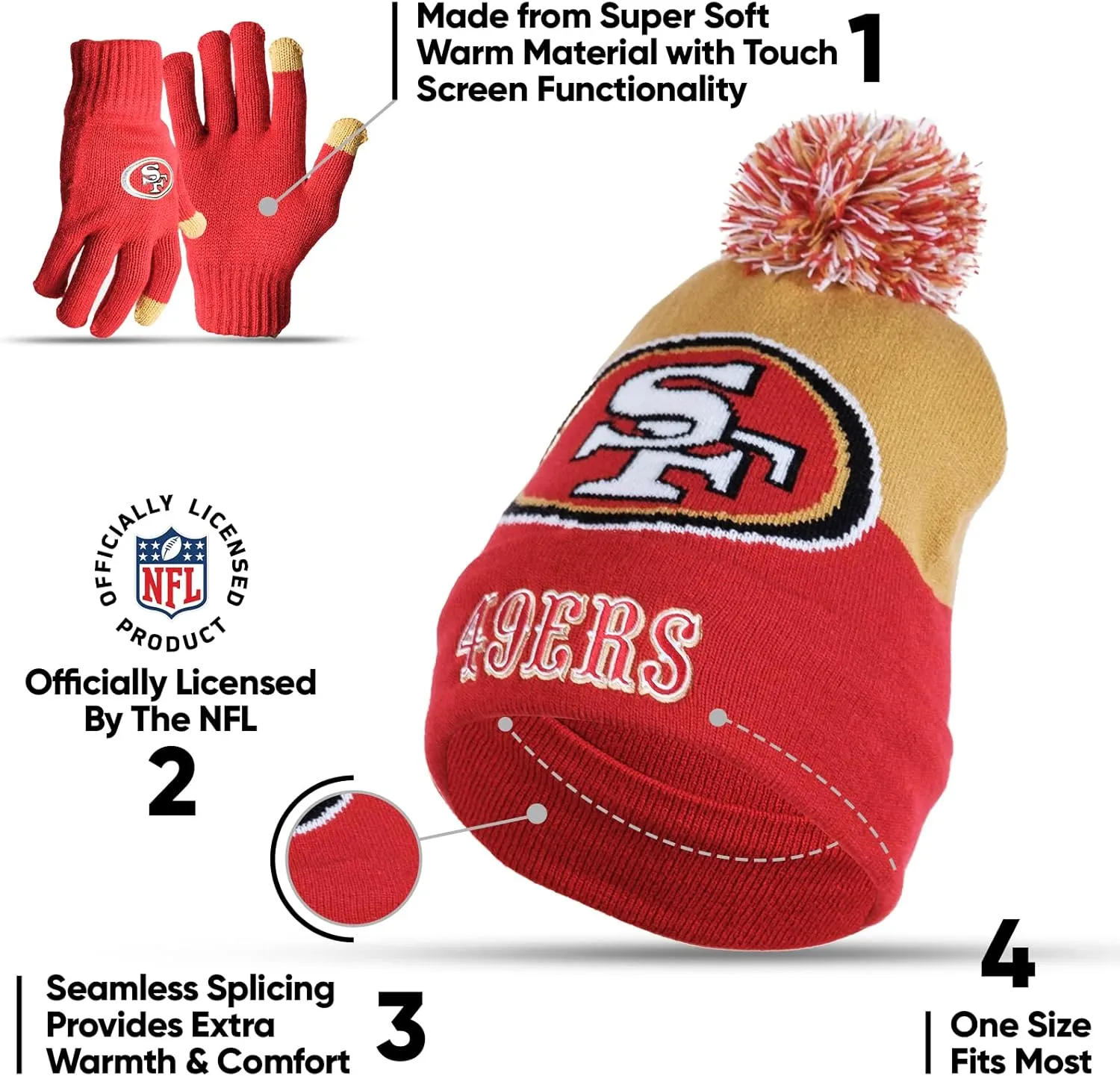 Ultra Game Adults Unisex NFL Official Super Soft Winter Beanie Knit Hat With Extra Warm Touch Screen Gloves