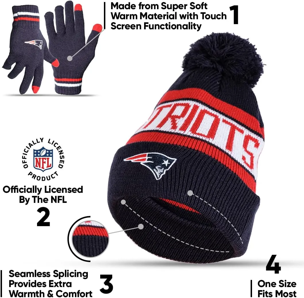 Ultra Game Adults Unisex NFL Official Super Soft Winter Beanie Knit Hat With Extra Warm Touch Screen Gloves