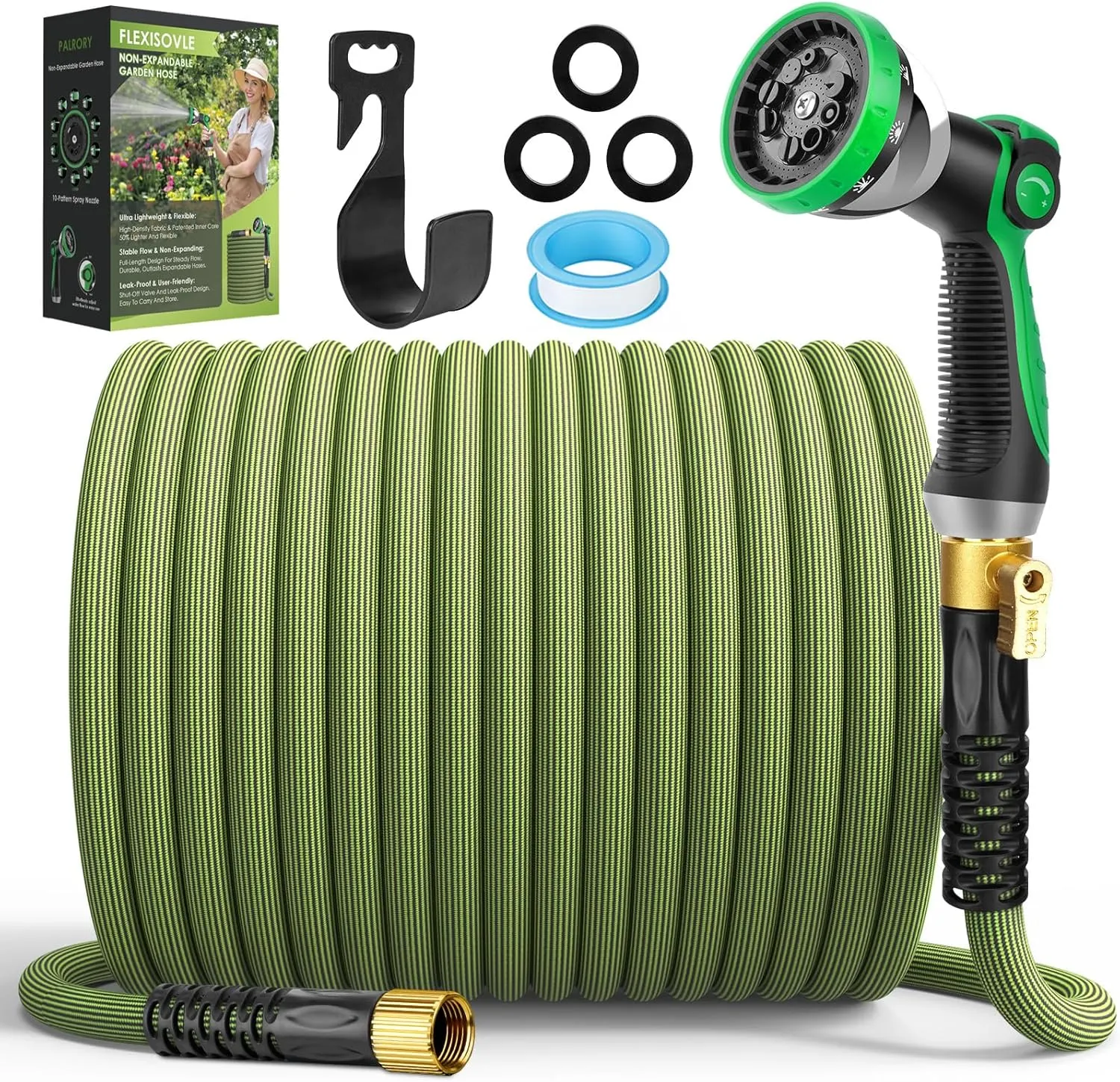 Ultra Lightweight Garden Hose 75 ft, NON-EXPANDABLE Flexible Water Hose with 10-Mode Nozzle, Kink-Resistant, Leak-Proof, High-Density Fabric, Extra Strong Connector, Shut-Off Valve & Holder