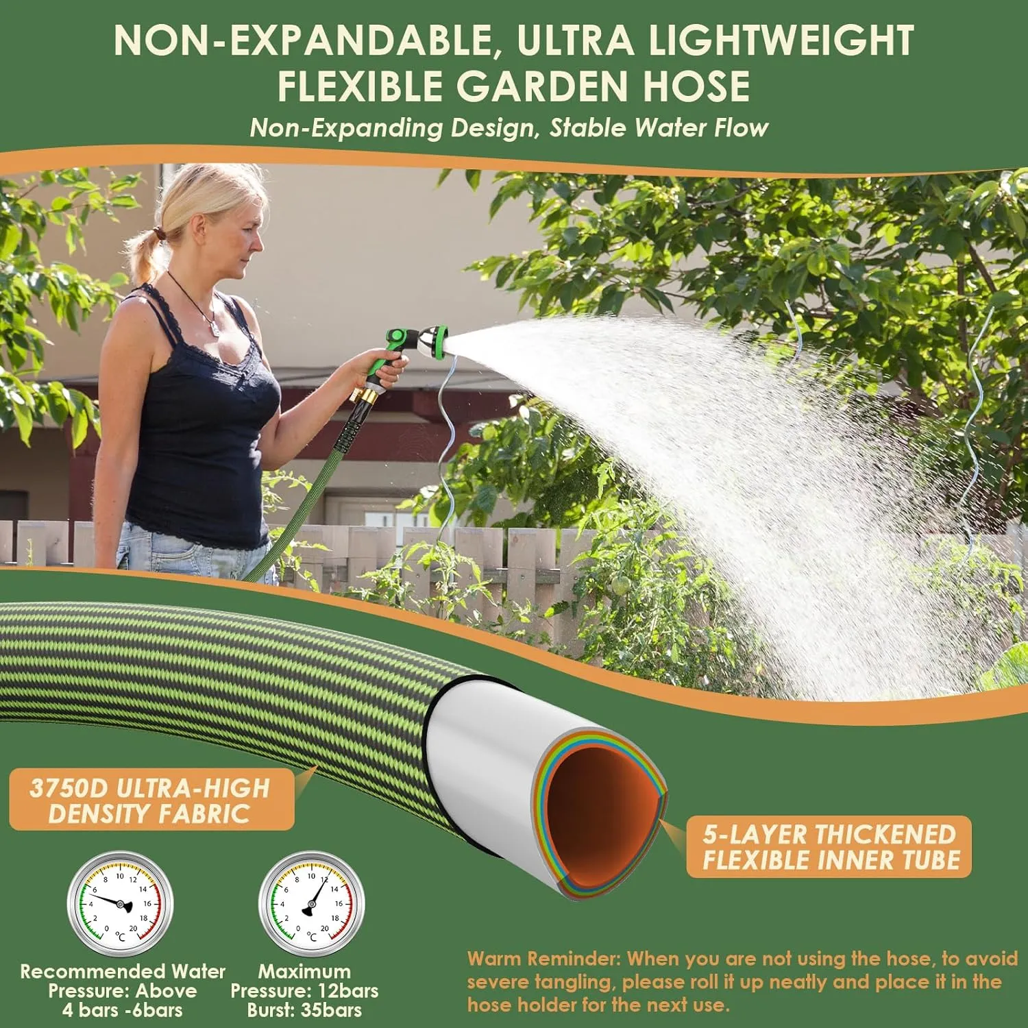 Ultra Lightweight Garden Hose 75 ft, NON-EXPANDABLE Flexible Water Hose with 10-Mode Nozzle, Kink-Resistant, Leak-Proof, High-Density Fabric, Extra Strong Connector, Shut-Off Valve & Holder