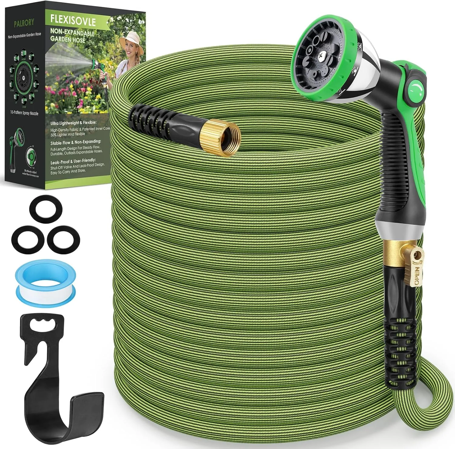 Ultra Lightweight Garden Hose 75 ft, NON-EXPANDABLE Flexible Water Hose with 10-Mode Nozzle, Kink-Resistant, Leak-Proof, High-Density Fabric, Extra Strong Connector, Shut-Off Valve & Holder