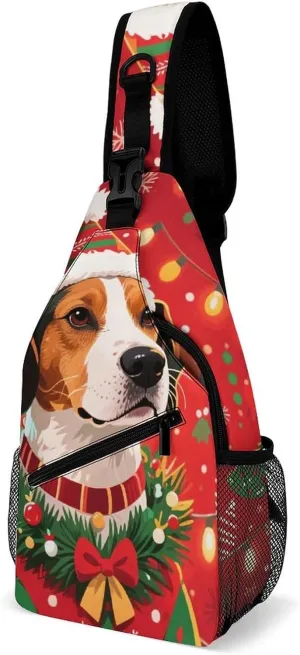Ultra Lightweight Sling Backpack Chest Day Bag Multipurpose Anti-Theft Rucksack for Cycling Hiking Camping Travel Outdoor, Christmas Dog Art Camera Case Messenger Bag