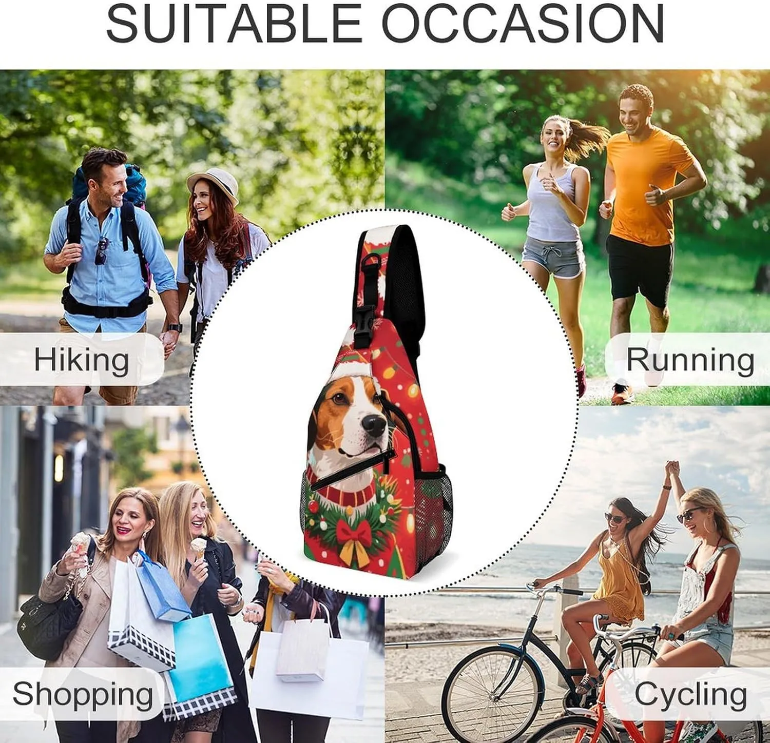 Ultra Lightweight Sling Backpack Chest Day Bag Multipurpose Anti-Theft Rucksack for Cycling Hiking Camping Travel Outdoor, Christmas Dog Art Camera Case Messenger Bag