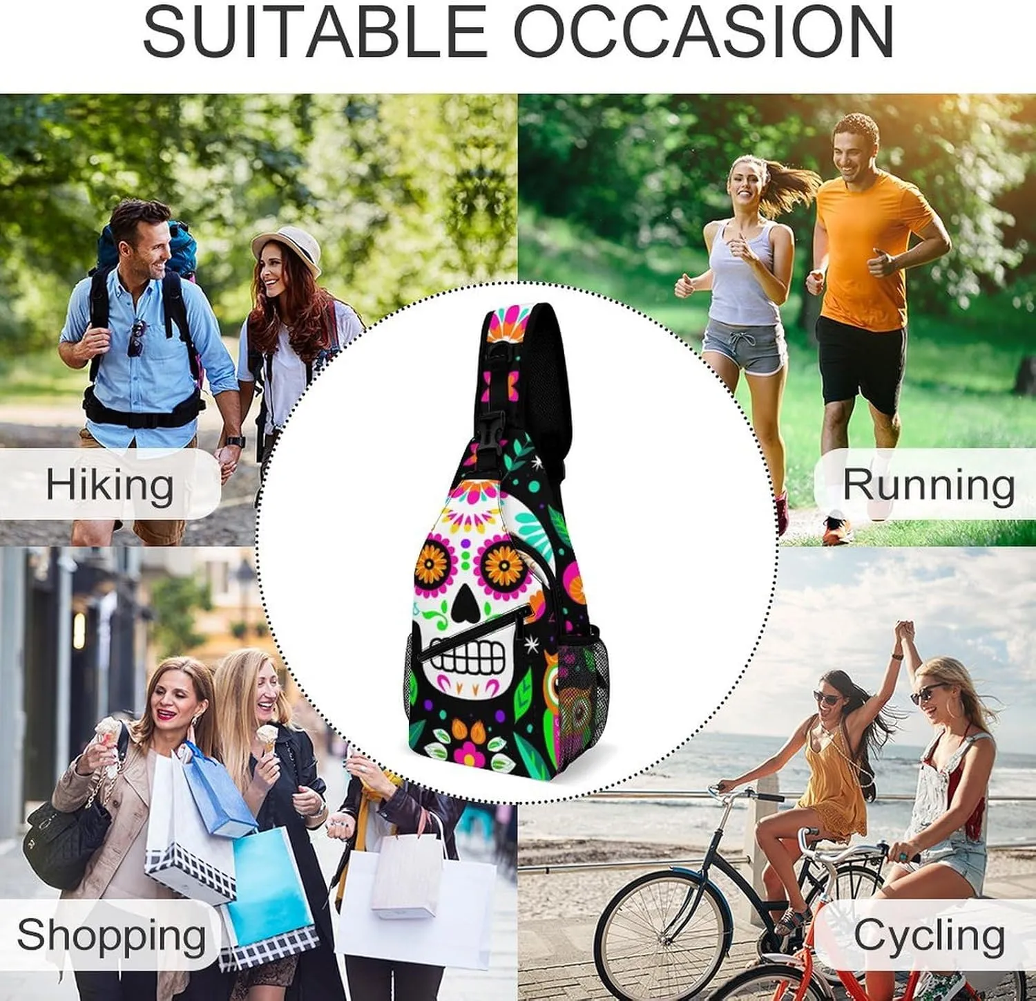 Ultra Lightweight Sling Backpack Cross Body Sling Backpack Multipurpose Anti-Theft Bag for Hiking Cycling Walking Dog Bicycle Travel, Colorful Floral Sugar Skull Owl Art