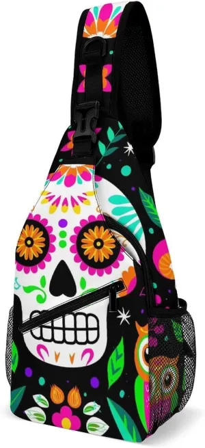 Ultra Lightweight Sling Backpack Cross Body Sling Backpack Multipurpose Anti-Theft Bag for Hiking Cycling Walking Dog Bicycle Travel, Colorful Floral Sugar Skull Owl Art