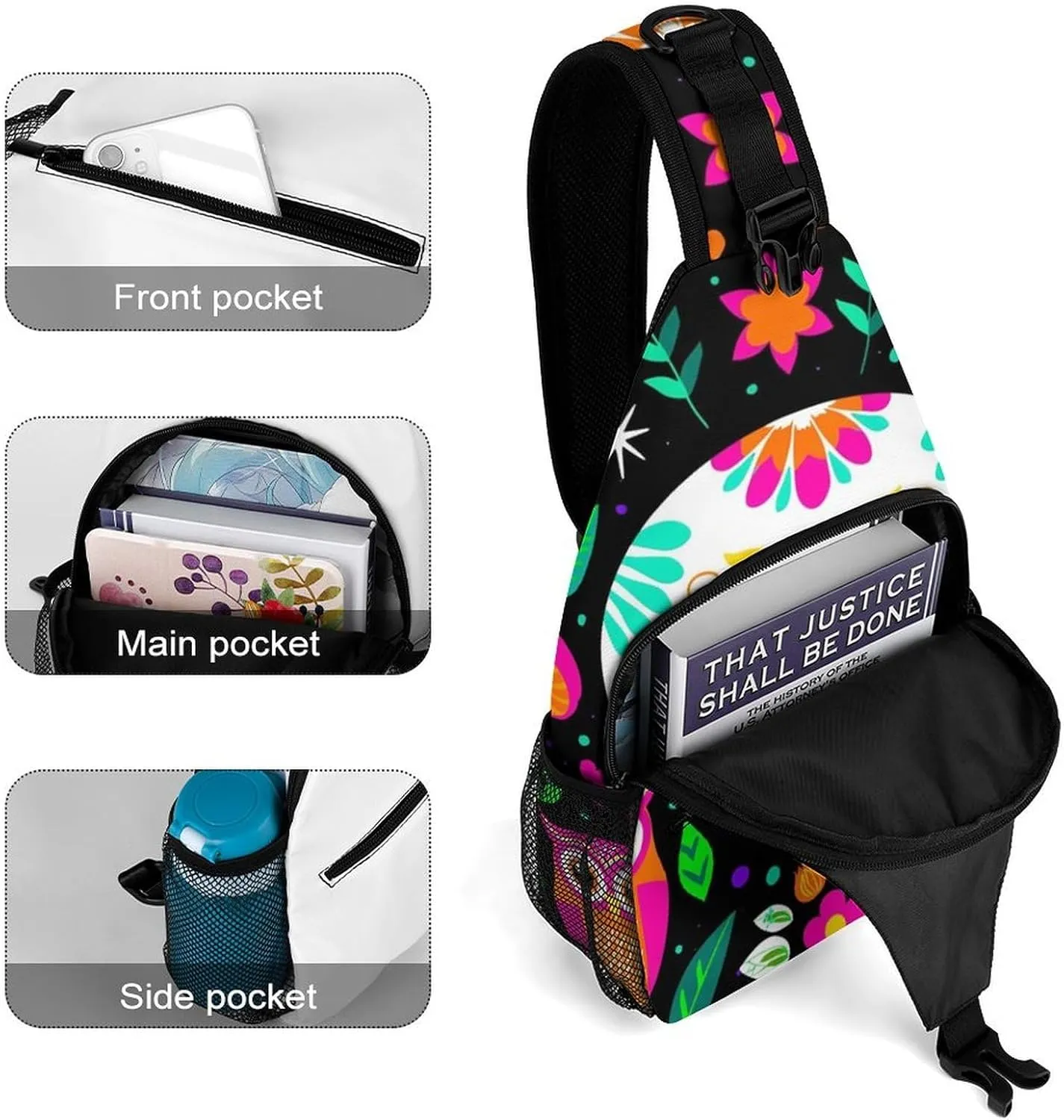 Ultra Lightweight Sling Backpack Cross Body Sling Backpack Multipurpose Anti-Theft Bag for Hiking Cycling Walking Dog Bicycle Travel, Colorful Floral Sugar Skull Owl Art
