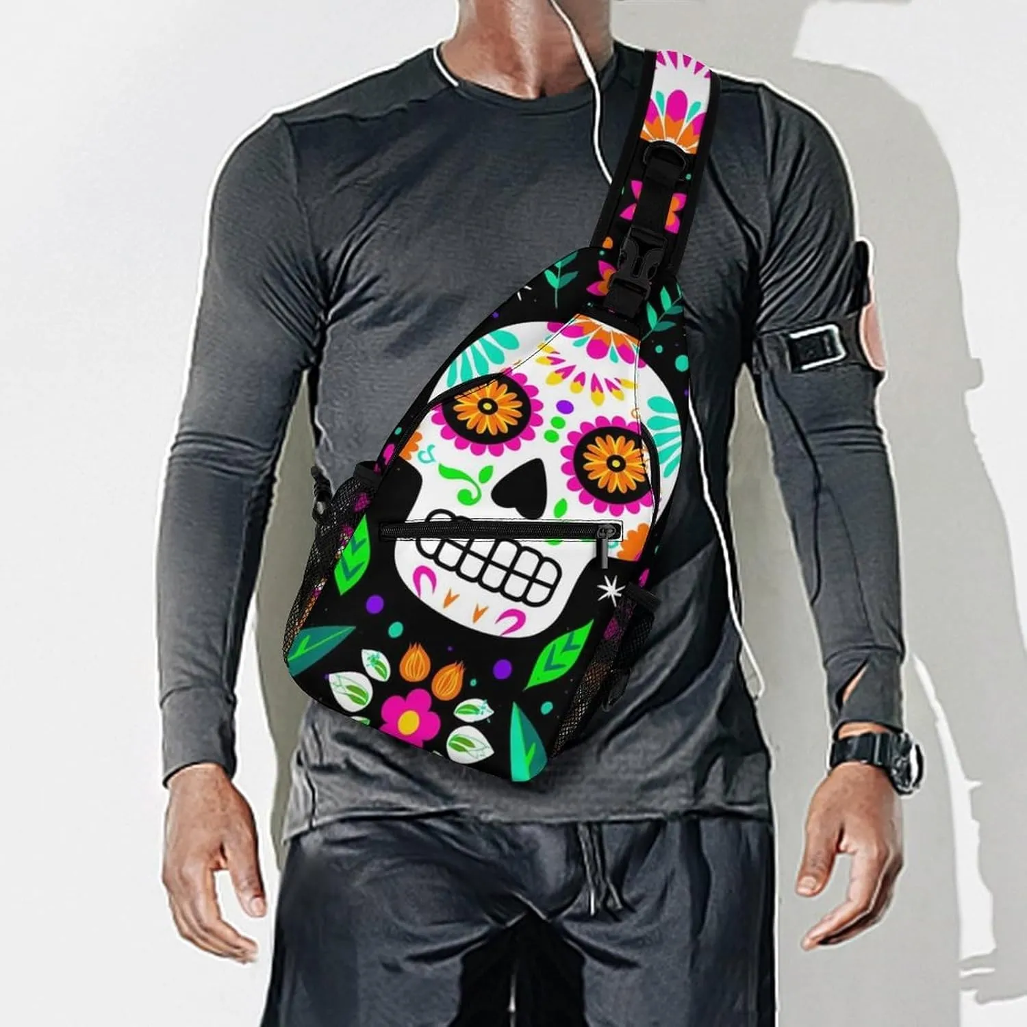 Ultra Lightweight Sling Backpack Cross Body Sling Backpack Multipurpose Anti-Theft Bag for Hiking Cycling Walking Dog Bicycle Travel, Colorful Floral Sugar Skull Owl Art