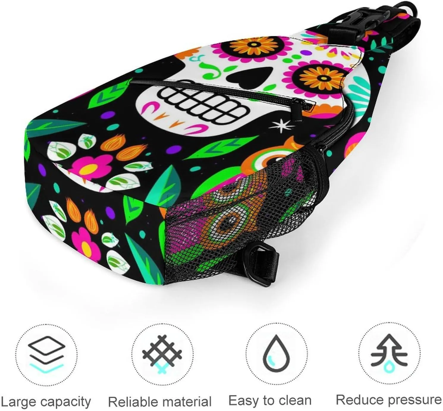 Ultra Lightweight Sling Backpack Cross Body Sling Backpack Multipurpose Anti-Theft Bag for Hiking Cycling Walking Dog Bicycle Travel, Colorful Floral Sugar Skull Owl Art