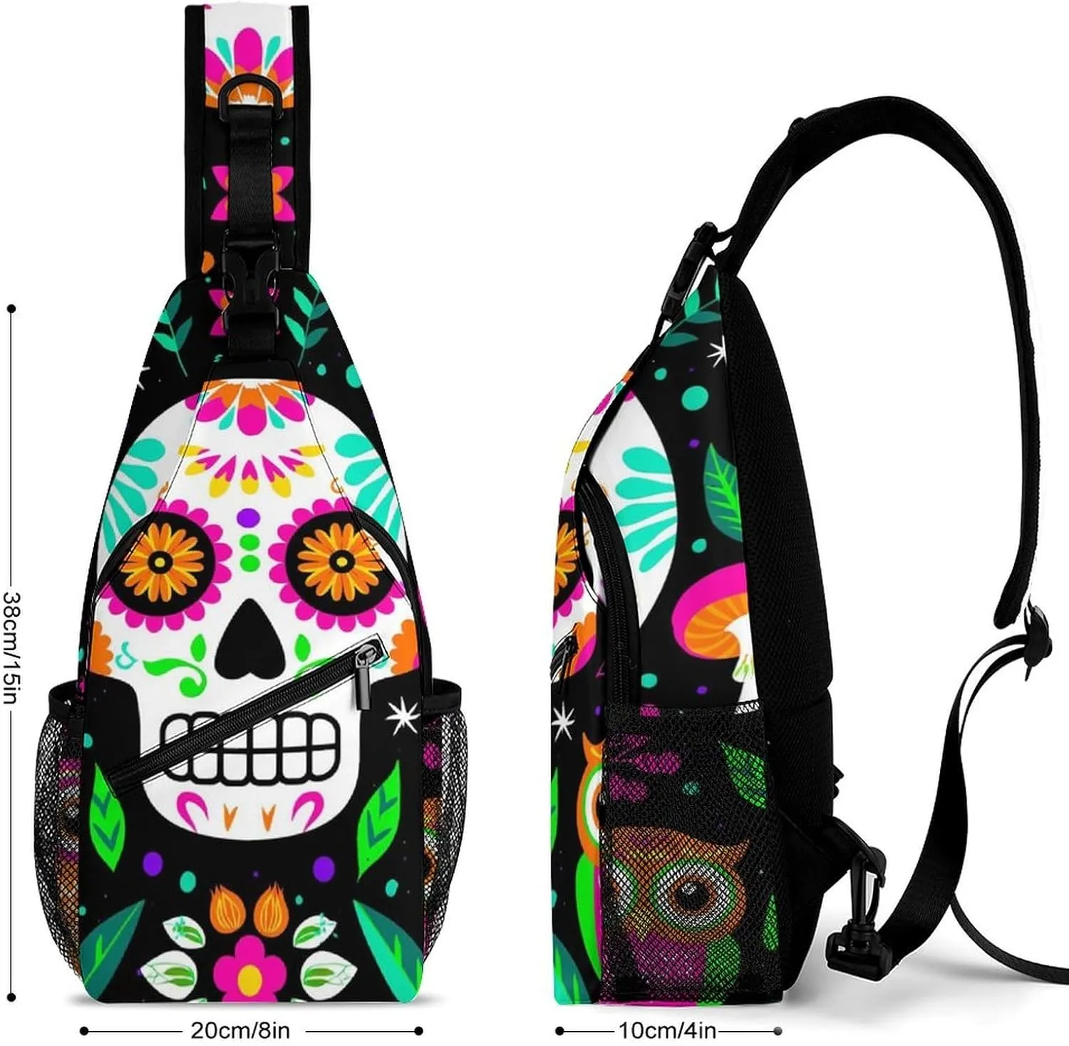 Ultra Lightweight Sling Backpack Cross Body Sling Backpack Multipurpose Anti-Theft Bag for Hiking Cycling Walking Dog Bicycle Travel, Colorful Floral Sugar Skull Owl Art