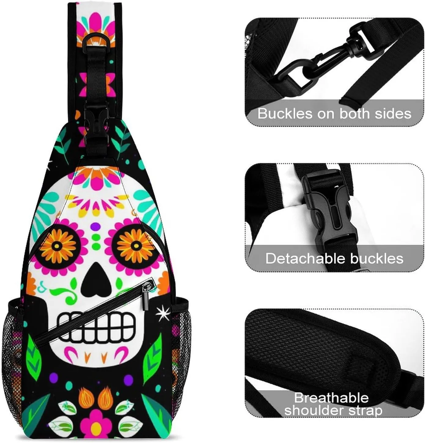 Ultra Lightweight Sling Backpack Cross Body Sling Backpack Multipurpose Anti-Theft Bag for Hiking Cycling Walking Dog Bicycle Travel, Colorful Floral Sugar Skull Owl Art