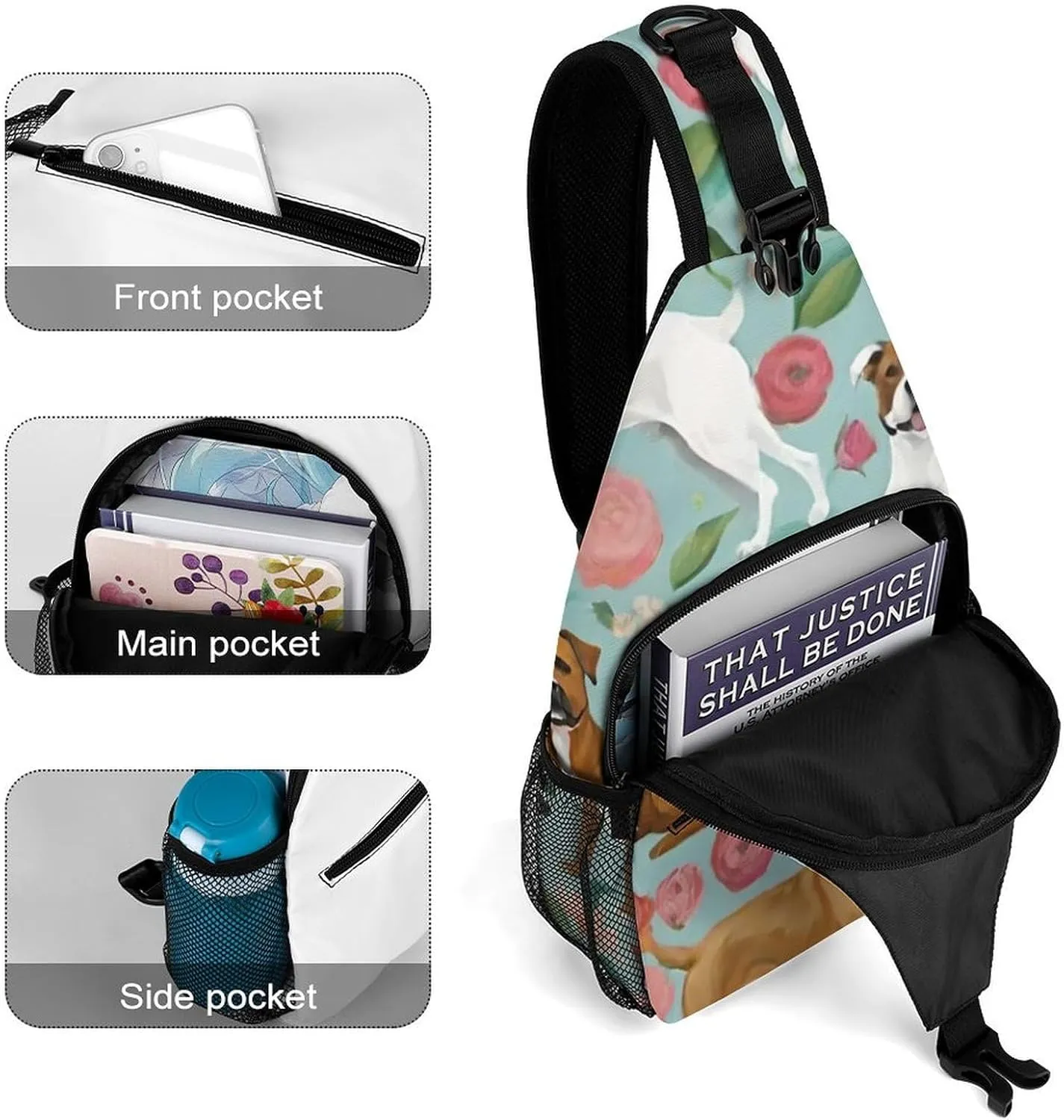 Ultra Lightweight Sling Shoulder Backpack Crossbody Shoulder Bag Multipurpose Anti-Theft Bag for Travel Gym Sport Hiking, Boxer Dog Flowers Florals Cute Flowers Art Tool Backpack