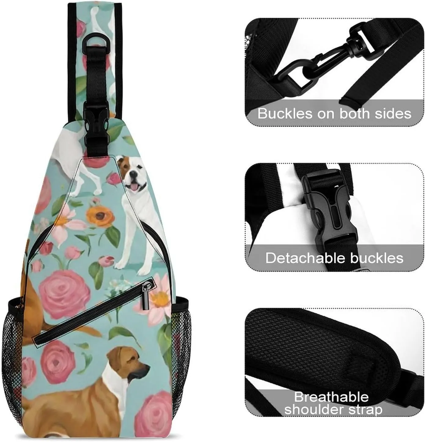 Ultra Lightweight Sling Shoulder Backpack Crossbody Shoulder Bag Multipurpose Anti-Theft Bag for Travel Gym Sport Hiking, Boxer Dog Flowers Florals Cute Flowers Art Tool Backpack