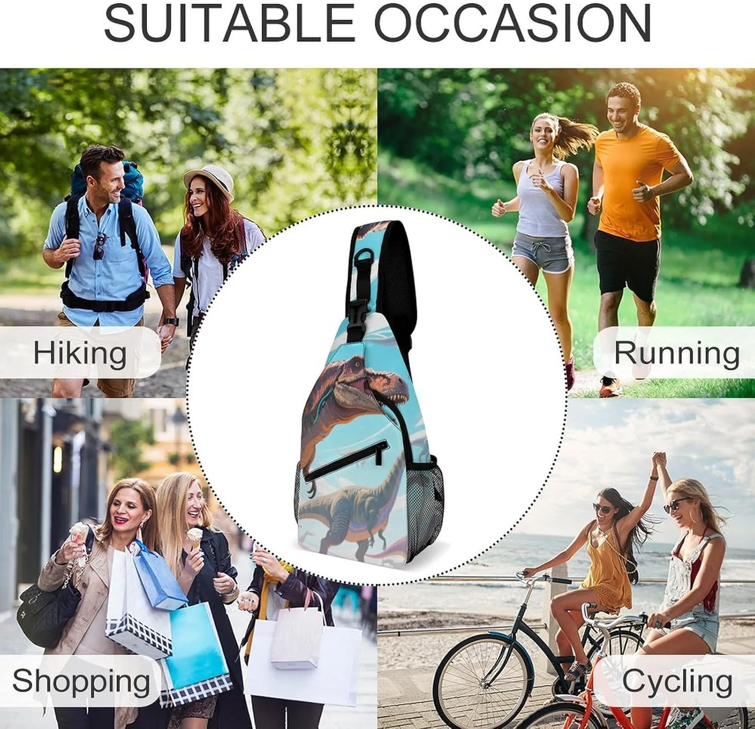 Ultra Lightweight Sling Shoulder Backpack Shoulder Chest Crossbody Bag Multipurpose Anti-Theft Daypack for Hiking Cycling Camping Travel, Animals Dinosaur Art Bookbag