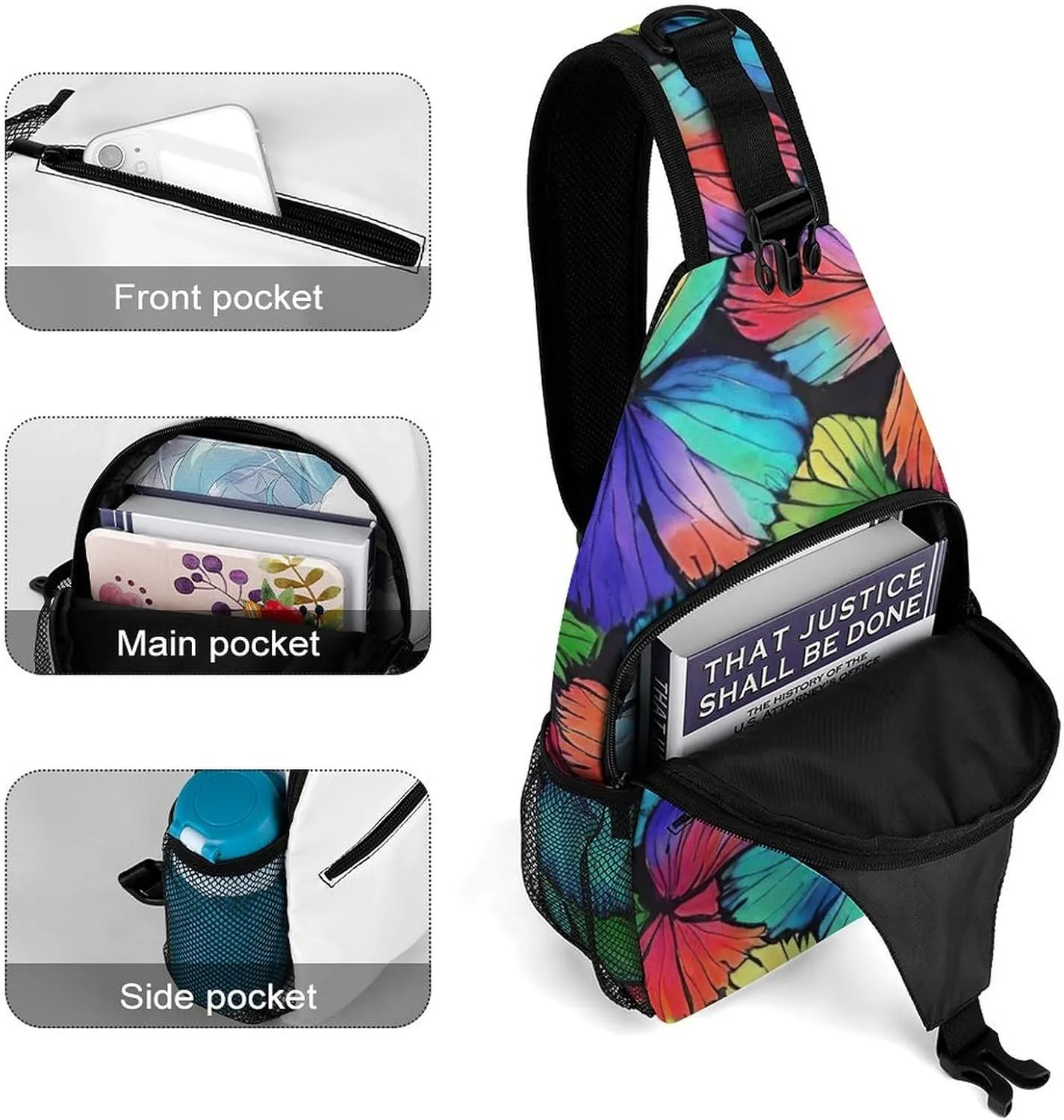 Ultra Lightweight Sling Shoulder Backpack Shoulder Crossbody Bag Chest Pack Multipurpose Anti-Theft Daypack for Outdoors Camping Hiking Trekking, Colorful Butterfly Art