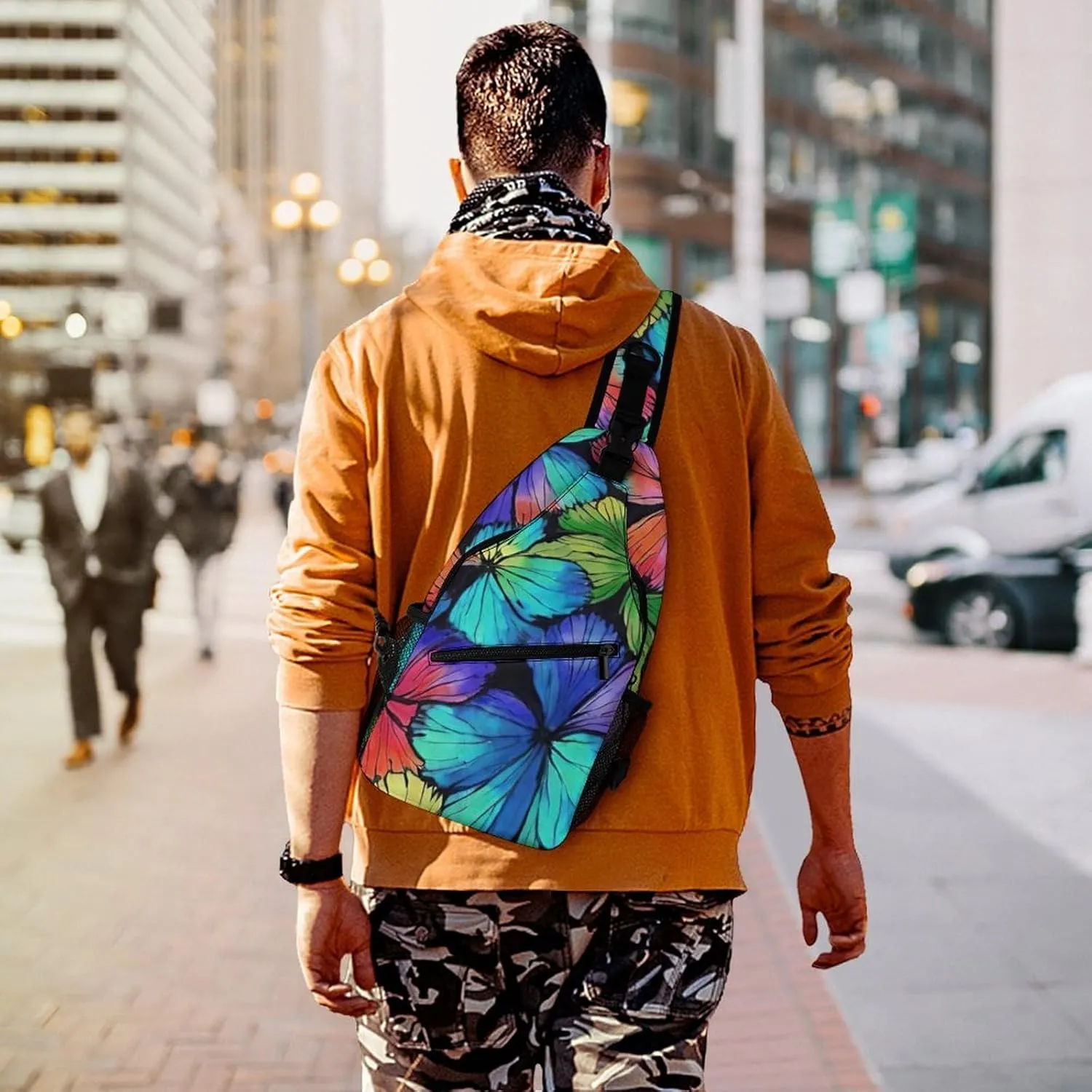 Ultra Lightweight Sling Shoulder Backpack Shoulder Crossbody Bag Chest Pack Multipurpose Anti-Theft Daypack for Outdoors Camping Hiking Trekking, Colorful Butterfly Art