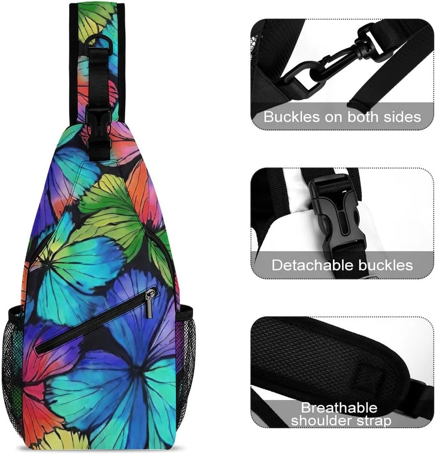Ultra Lightweight Sling Shoulder Backpack Shoulder Crossbody Bag Chest Pack Multipurpose Anti-Theft Daypack for Outdoors Camping Hiking Trekking, Colorful Butterfly Art