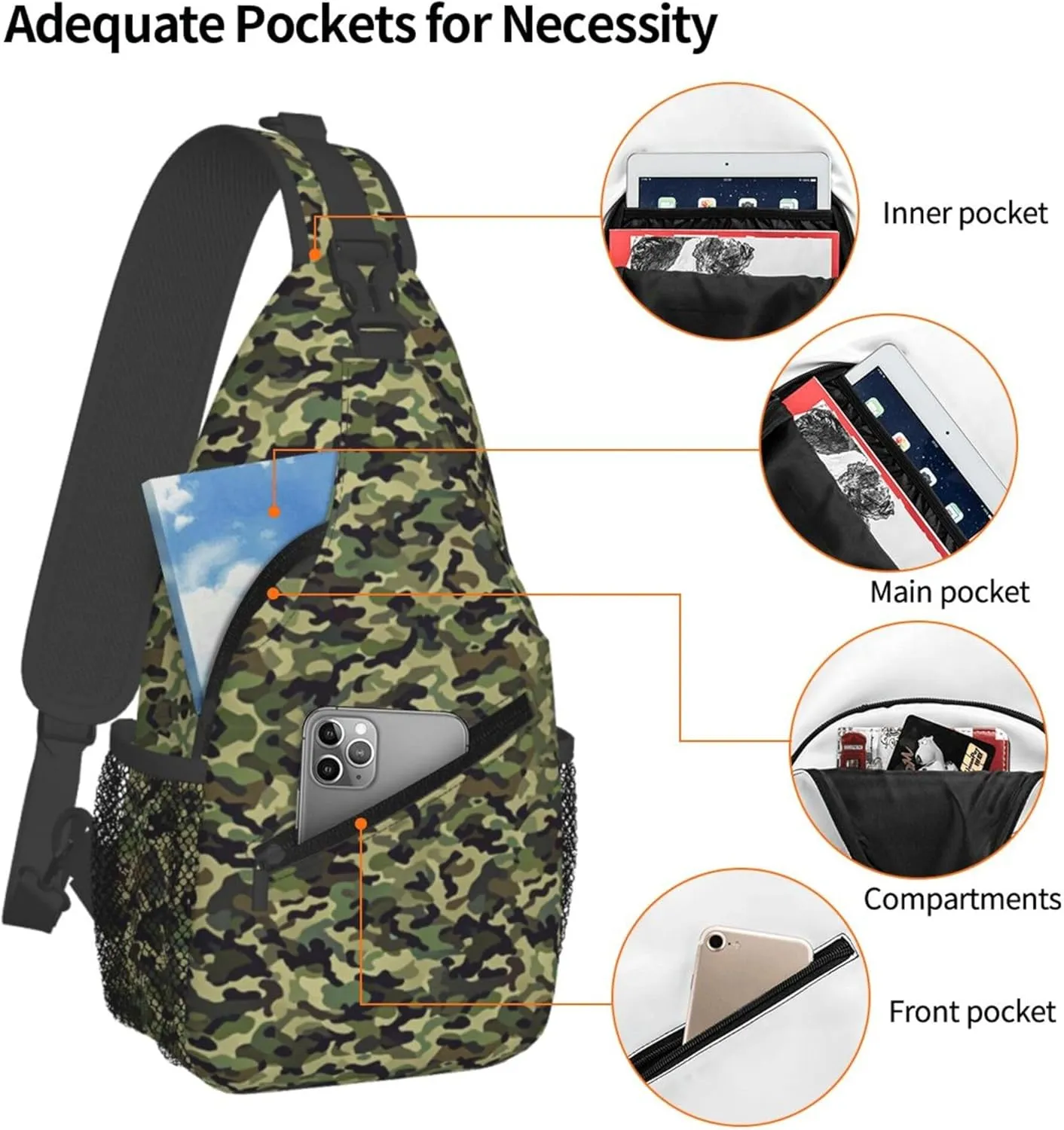 Ultra Lightweight Sling Shoulder Backpack Shoulder Crossbody Bag Chest Pack Multipurpose Anti-Theft Daypack for Outdoors Camping Hiking Trekking, Cool Green Camo Army Camouflage Art