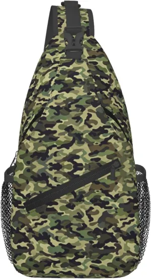Ultra Lightweight Sling Shoulder Backpack Shoulder Crossbody Bag Chest Pack Multipurpose Anti-Theft Daypack for Outdoors Camping Hiking Trekking, Cool Green Camo Army Camouflage Art
