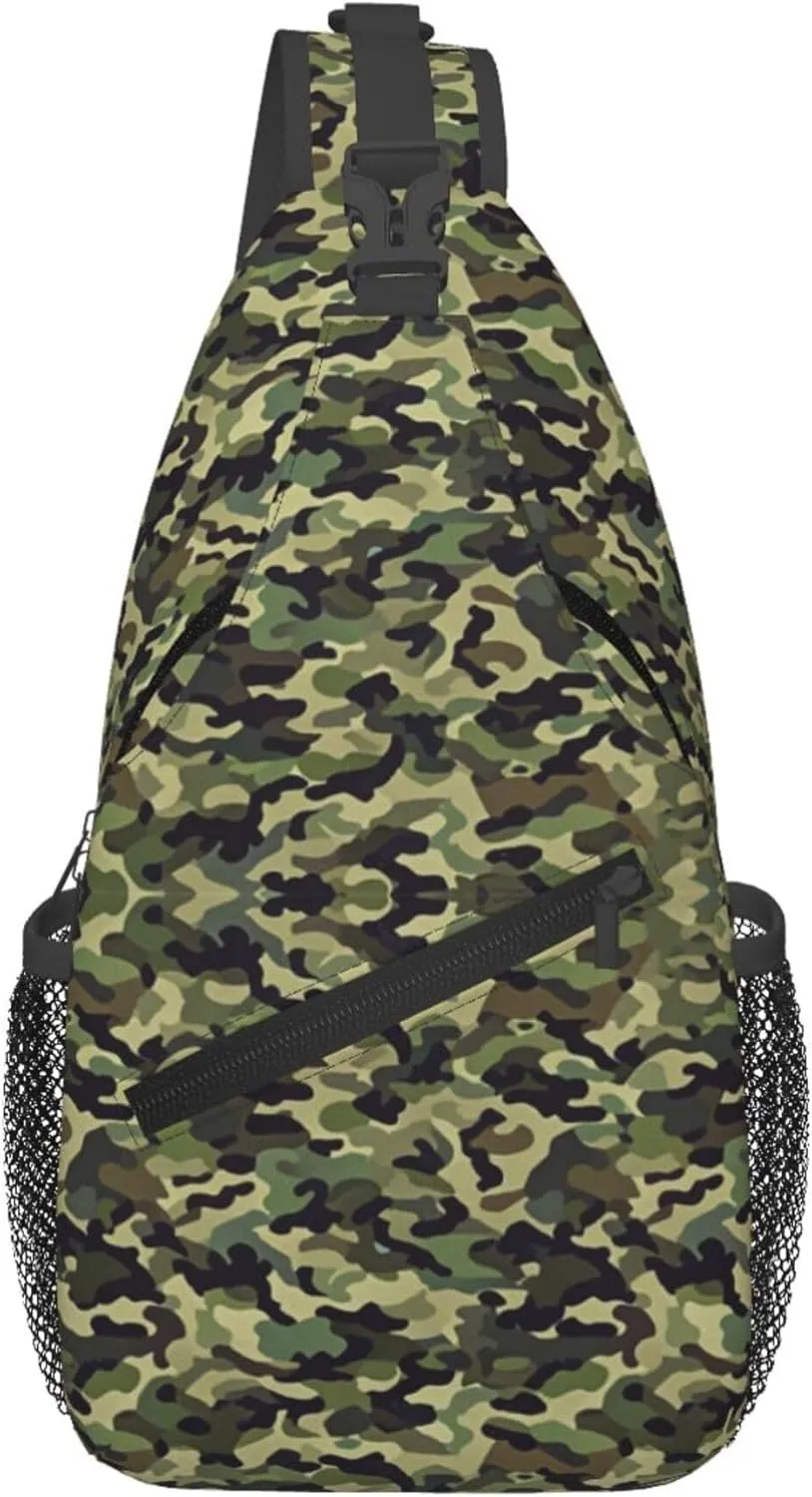 Ultra Lightweight Sling Shoulder Backpack Shoulder Crossbody Bag Chest Pack Multipurpose Anti-Theft Daypack for Outdoors Camping Hiking Trekking, Cool Green Camo Army Camouflage Art