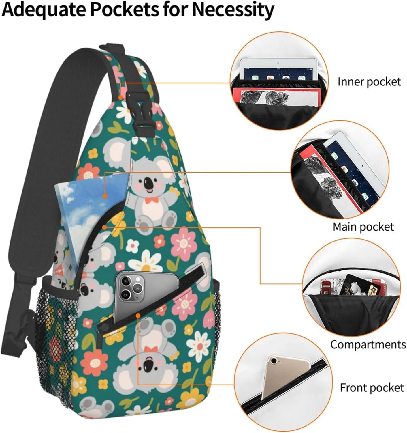 Ultra Lightweight Sling Shoulder Backpack Shoulder Crossbody Bag Chest Pack Multipurpose Anti-Theft Daypack for Outdoors Camping Hiking Trekking, Cute Koala And Flowers Art