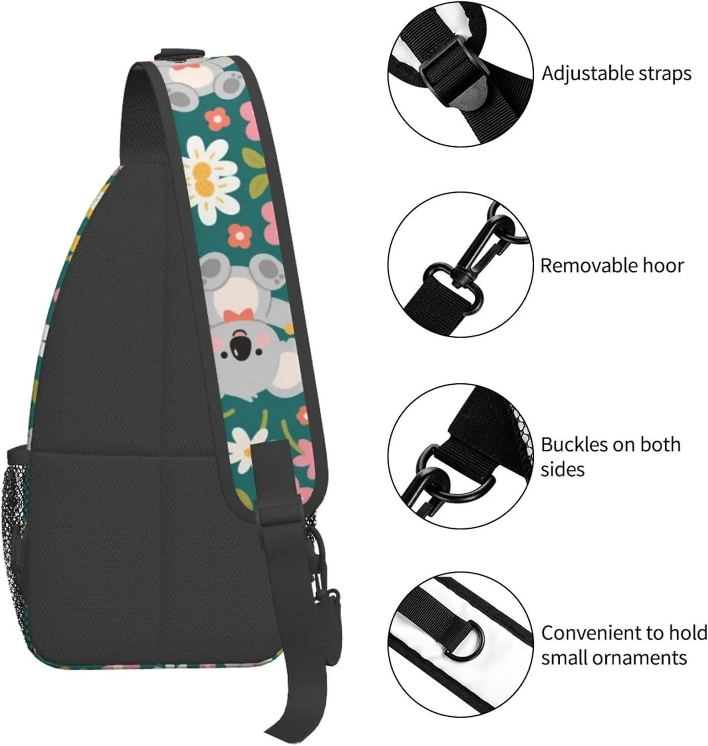 Ultra Lightweight Sling Shoulder Backpack Shoulder Crossbody Bag Chest Pack Multipurpose Anti-Theft Daypack for Outdoors Camping Hiking Trekking, Cute Koala And Flowers Art